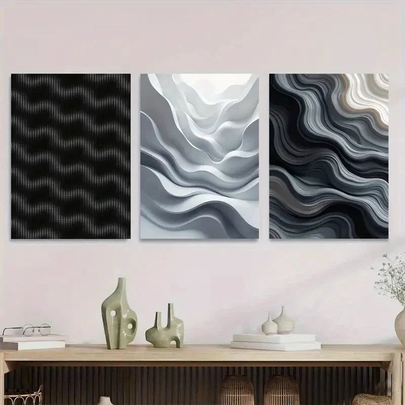 3pcs Stylish Black, White, and Gray Metal Print Ready to Hang Art