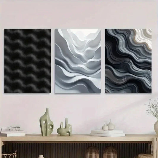 3pcs Stylish Black, White, and Gray Metal Print Ready to Hang Art