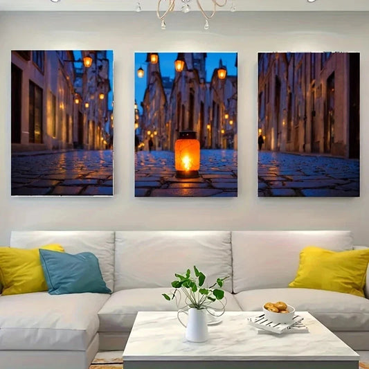 3pcs A Lantern on a Cobblestone Metal Print Ready to Hang Art