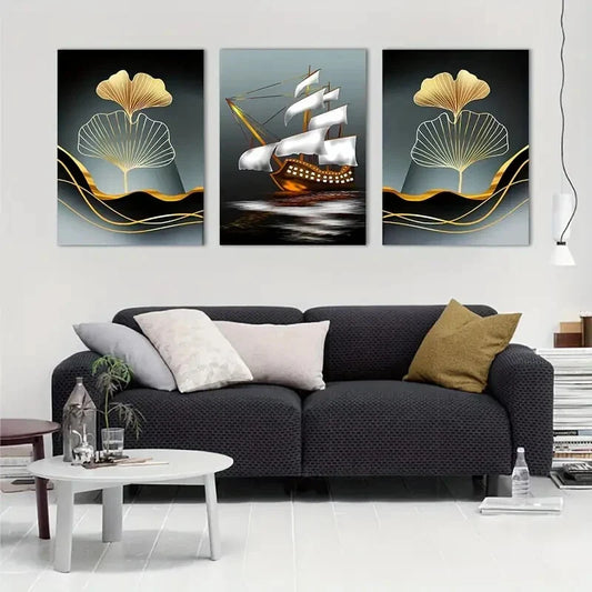 3pcs American Style Flower and Boat Metal Print Ready to Hang Art