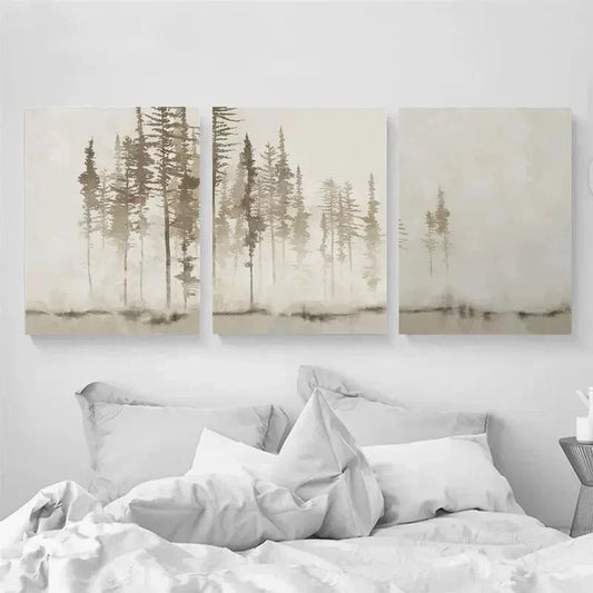 3pcs Abstract Beige White Forest Tree Metal Print Ready to Hang Art