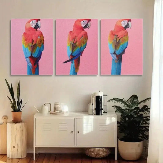 3pcs Vibrant Red Parrots with Blue Tails Metal Print Ready to Hang Art