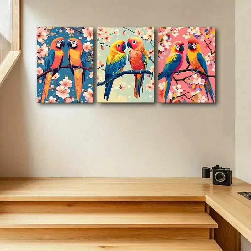 3pcs Two Vibrant Parrots with Florals Design Metal Print Ready to Hang Art