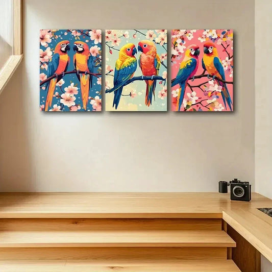3pcs Two Vibrant Parrots with Florals Design Metal Print Ready to Hang Art