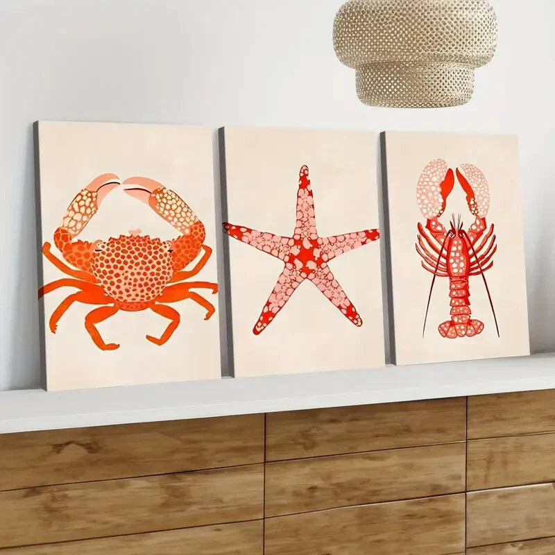 3pcs Red Shrimp Crab Star Fish Orange & Beige Wall Art Set Canvas Framed 40x60cm - High Quality Print 100% Australian Made Wall Canvas Ready to Hang