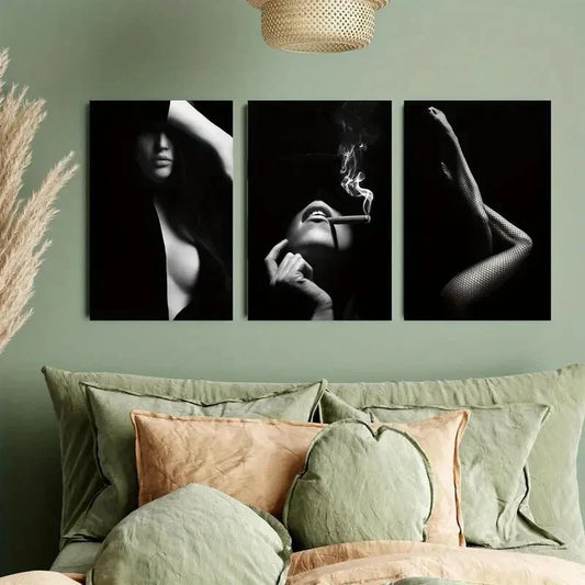 3pcs Black & White Women with Cigar Metal Print Ready to Hang Art