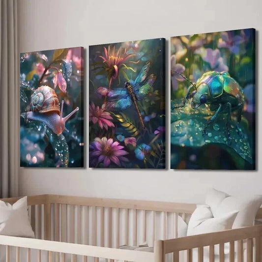3pcs Insect Snails Beetles and & Floral Design Wall Art Set Canvas Framed 40x60cm - High Quality Print 100% Australian Made Wall Canvas Ready to Hang