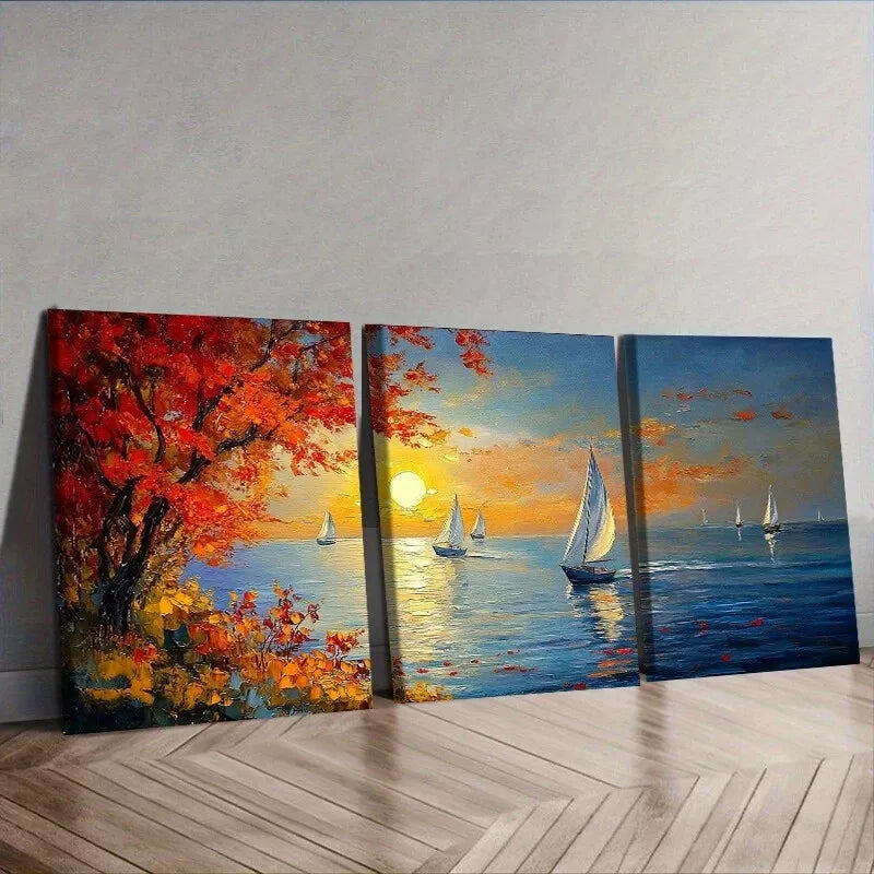 3pcs Serene Sailboat Sunset Scene Vibrant Autumn Wall Art Set Canvas Framed 40x60cm - High Quality Print 100% Australian Made Wall Canvas Ready to Hang
