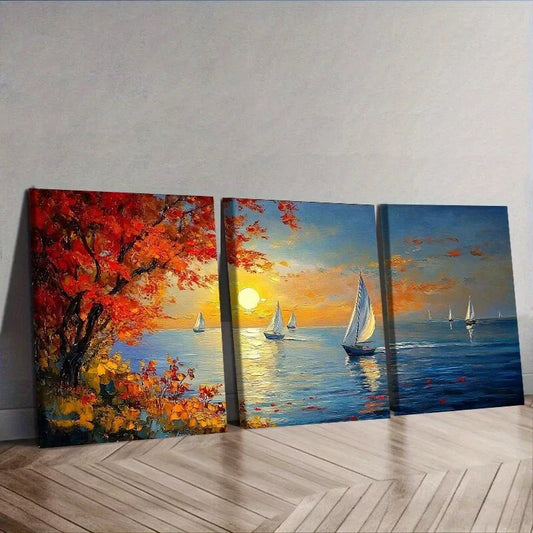 3pcs Serene Sailboat Sunset Scene Vibrant Autumn Wall Art Set Canvas Framed 40x60cm - High Quality Print 100% Australian Made Wall Canvas Ready to Hang