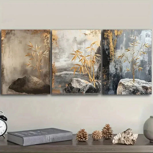 3pcs Art Painting Golden Bamboo Metal Print Ready to Hang Art