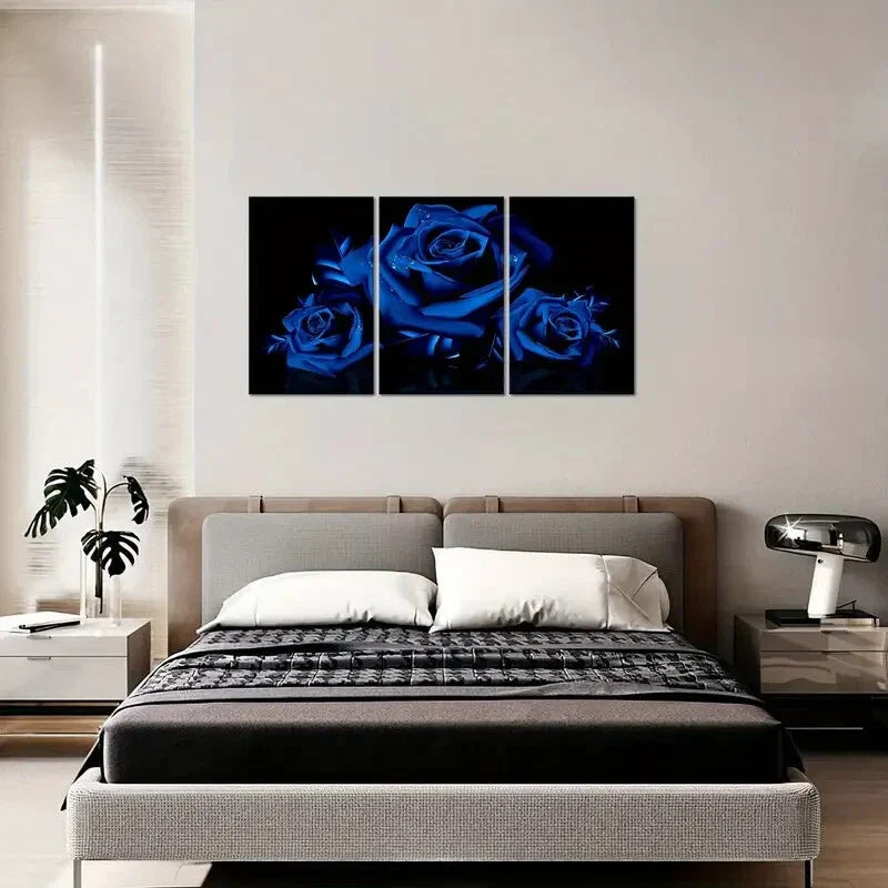 3pcs Royal Blue Floral Prints on Black Background Metal Print Ready to Hang Art
