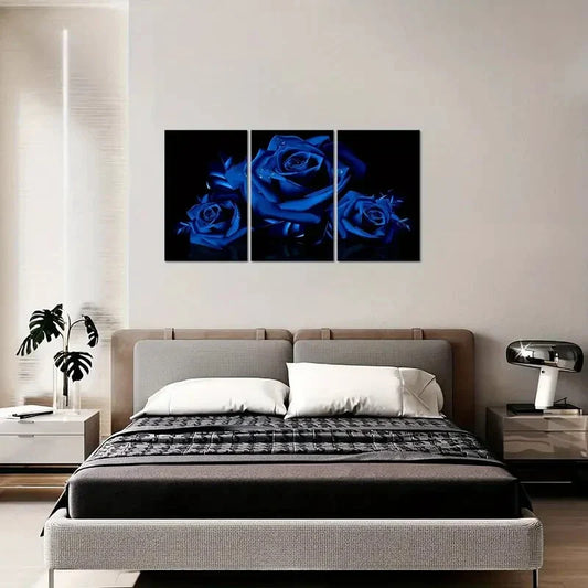 3pcs Royal Blue Floral Prints on Black Background Metal Print Ready to Hang Art