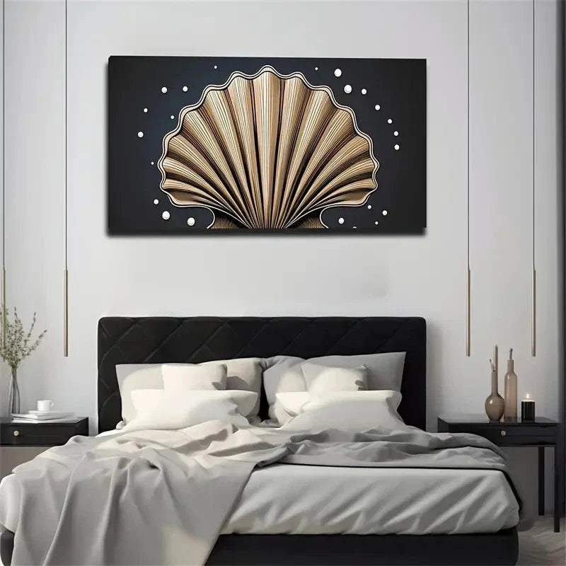 Golden & Black Shell Wall Art Canvas Office Home Room Framed 80x45cm