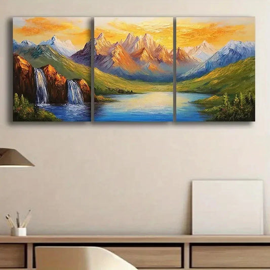 3pcs Golden Peaks Mountain Range Luxurious Wall Art Set Canvas Framed 40x60cm - High Quality Print 100% Australian Made Wall Canvas Ready to Hang