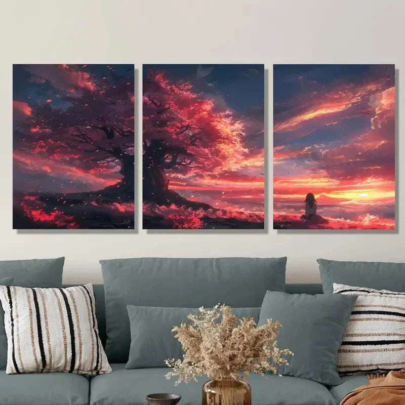 3pcs ,Anime Girl Beneath a Cherry Blossom Tree Metal Print Ready to Hang Art