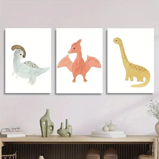 3pcs cartoon paintings, dinosaurs, giraffes, rhino Metal Print Ready to Hang Art