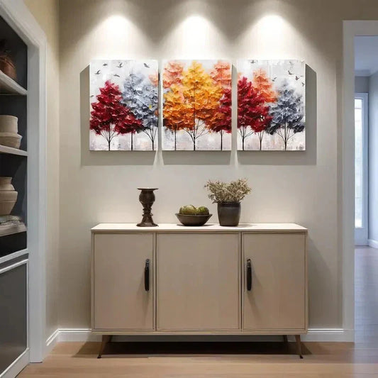 3pcs Golden Red and Gray Forest Metal Print Ready to Hang Art