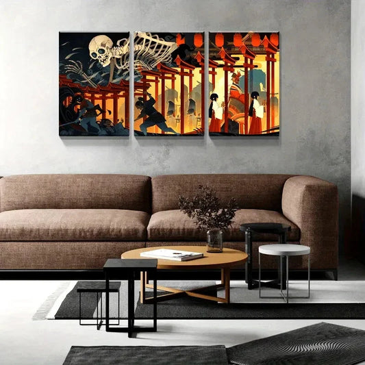3pcs White Skeletons Golden & Black Metal Print Ready to Hang Art