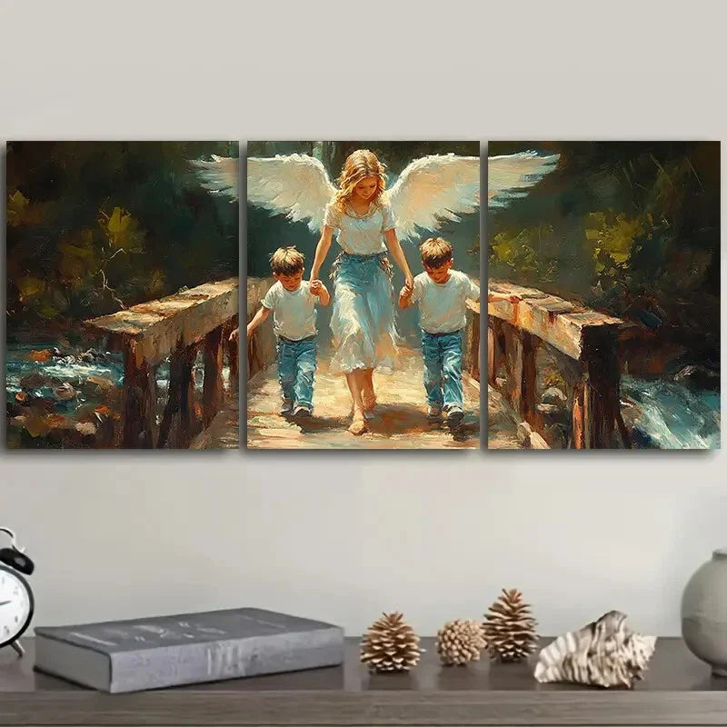 3pcs Angel and Youngsters on Bridge, Metal Print Ready to Hang Art