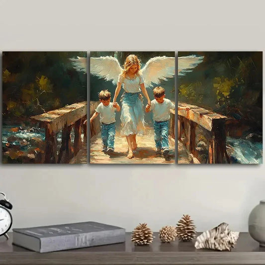 3pcs Angel and Youngsters on Bridge, Metal Print Ready to Hang Art
