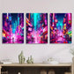 3pcs Cyberpunk city streets under neon lights, Metal Print Ready to Hang Art