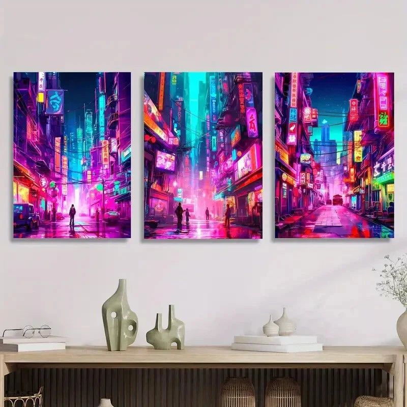 3pcs Cyberpunk city streets under neon lights, Metal Print Ready to Hang Art