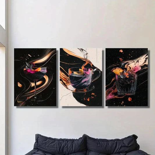 3pcs  Vibrant Cocktail & Wine Glass Designs, Metal Print Ready to Hang Art