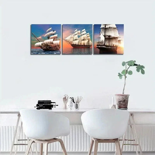 3pcs Nautical Pirate Ship Giclee Metal Print Ready to Hang Art