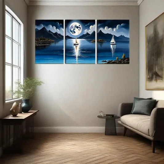 3pcs Teal Ocean with Sailboats & Mountains Metal Print Ready to Hang Art