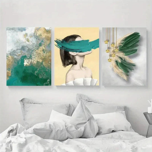 3pcs Abstract Feather Woman Metal Print Ready to Hang Art