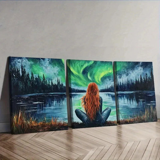 3pcs Stunning Northern Lights & Girl Silhouette Wall Art Set Canvas Framed 40x60cm - High Quality Print 100% Australian Made Wall Canvas Ready to Hang