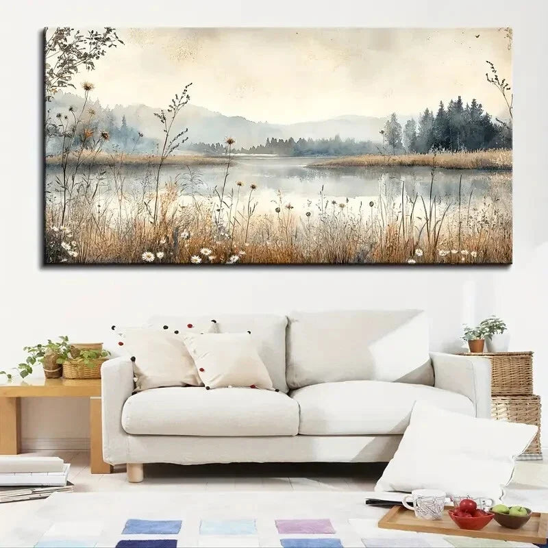 Vintage Autumn Rustic Lake wall canvas office home room framed 120x60cm