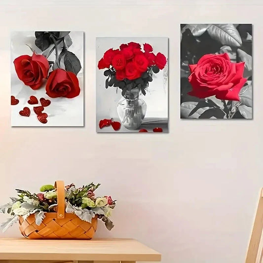3pcs Black and White Roses Floral Painting Metal Print Ready to Hang Art
