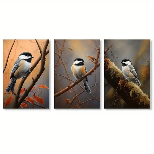 3pcs Woodpecker Rustic Bird Brown Leaves Branches Metal Print Ready to Hang Art