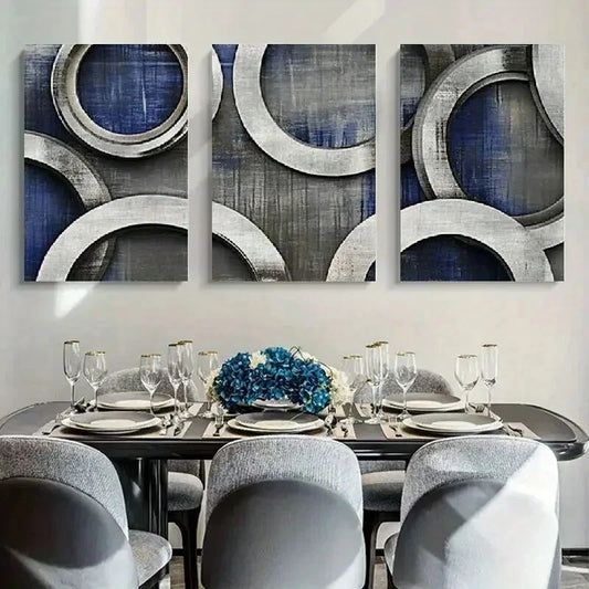 3pcs Abstract Navy Blue & Grey Geometric Circle Metal Print Ready to Hang Art