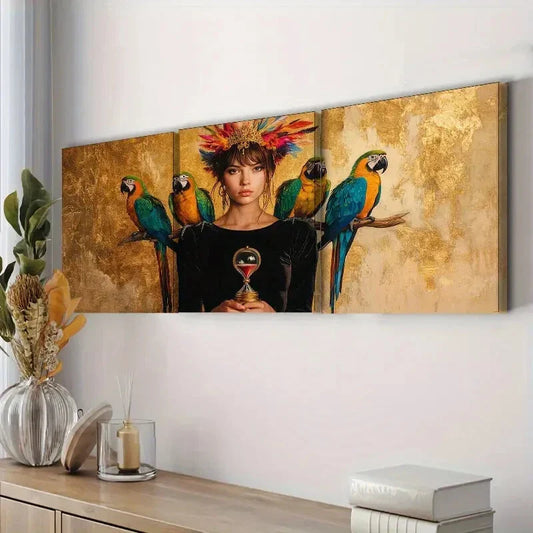 3pcs The Queen and the Parrots Perfect Colorful Wall Art Set Canvas Framed 40x60cm - High Quality Print 100% Australian Made Wall Canvas Ready to Hang