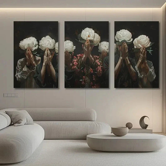 3pcs Praying Figures White Roses Elegant Metal Print Ready to Hang Art
