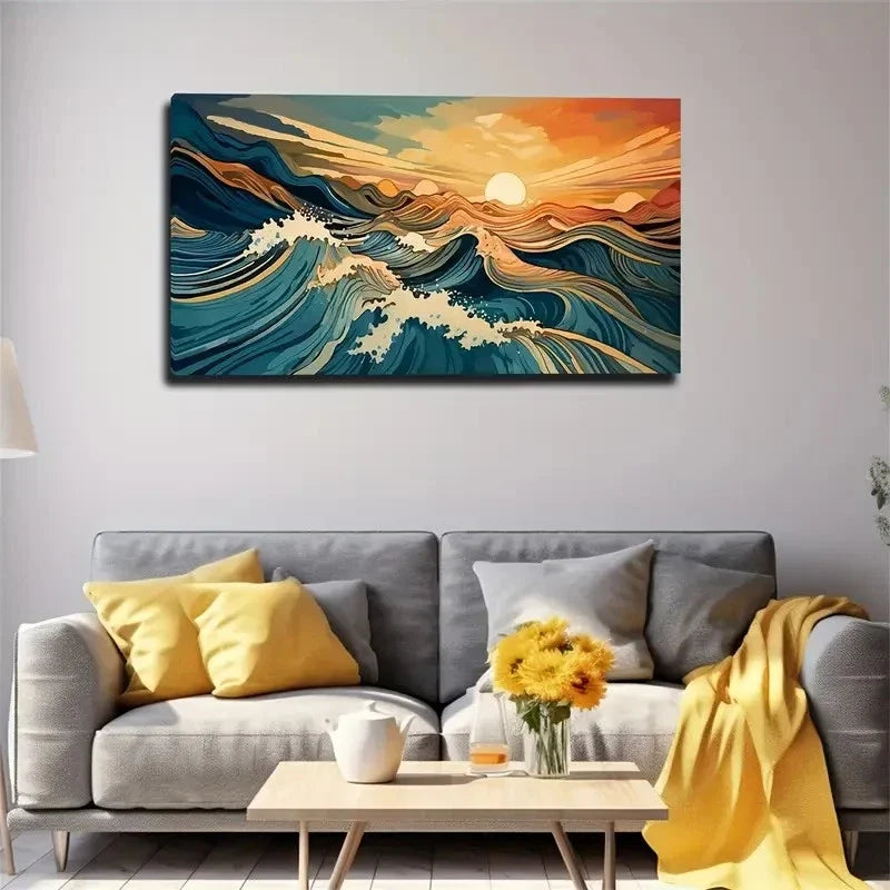 Abstract Sunrise Ocean Wall Art Canvas Office Home Room Framed 80x45cm