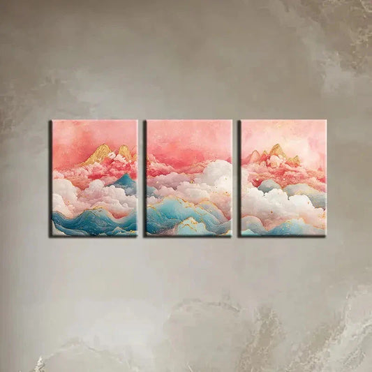 3pcs Pink and Blue Waves Painting Metal Print Ready to Hang Art