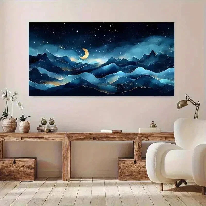 Night Sky Gold Starry Moon wall canvas office home room framed 120x60cm