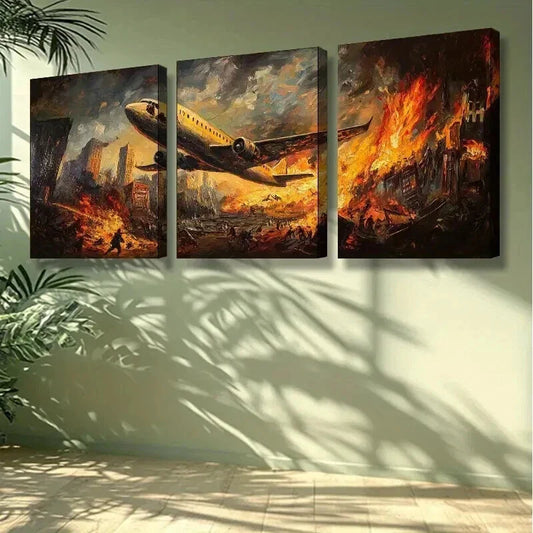 3pcs Battle Scene with Airplanes and Explosions Wall Art Set Canvas Framed 40x60cm - High Quality Print 100% Australian Made Wall Canvas Ready to Hang