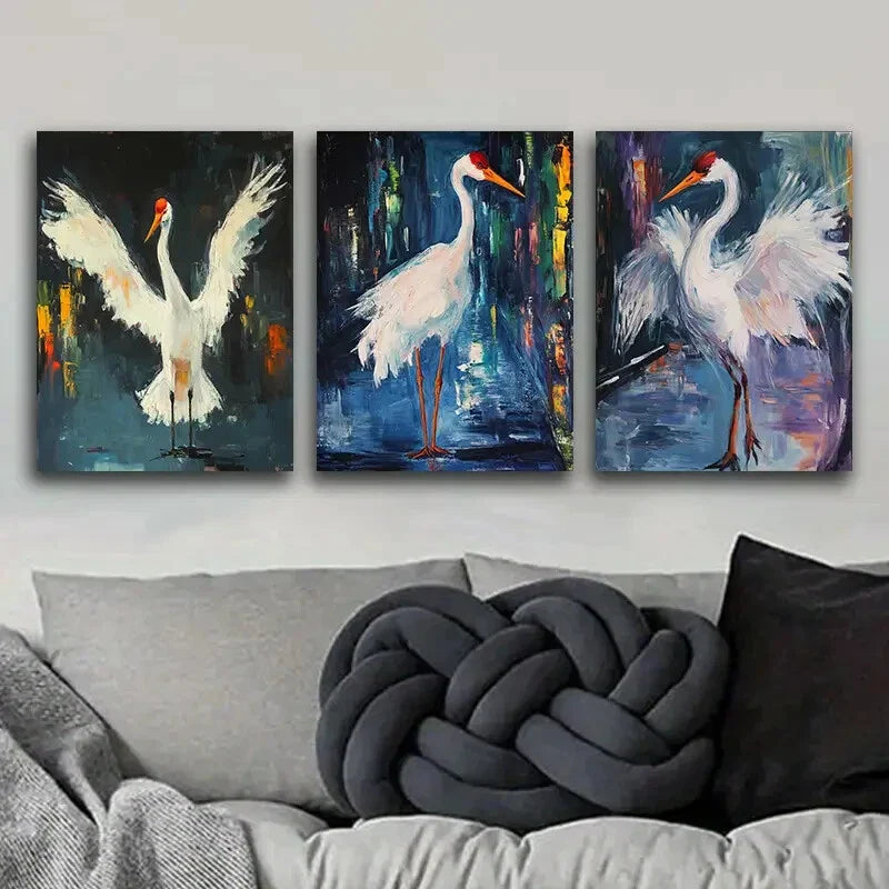 3pcs The White Crane Spreads Its Wings Metal Print Ready to Hang Art