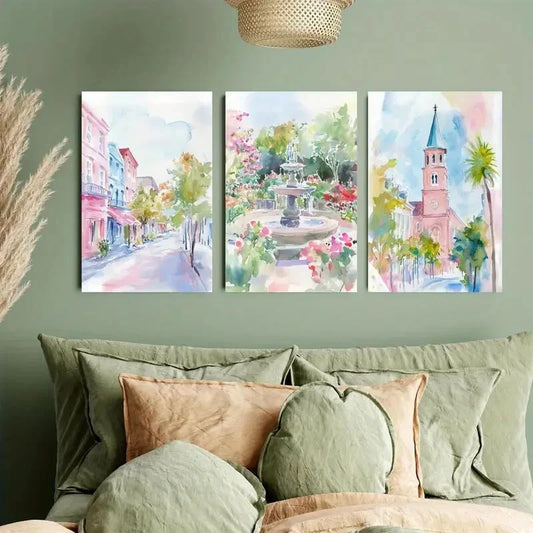 3pcs Rainbow Row Street Metal Print Ready to Hang Art