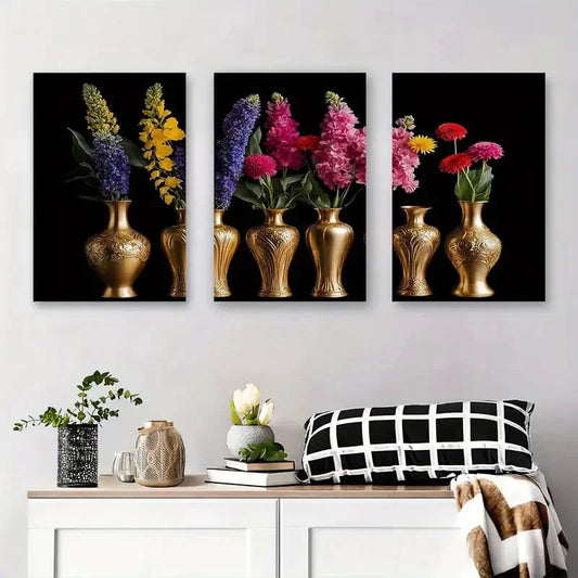 3pcs Colorful Flowers in Golden Vases Metal Print Ready to Hang Art