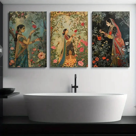 3pcs Indian Lady Garden Traditional Indian Metal Print Ready to Hang Art