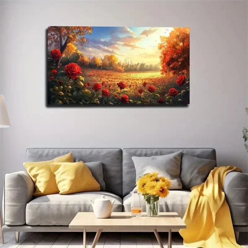 Blooming Red Roses & Autumn Wall Art Canvas Office Home Room Framed 120x60cm