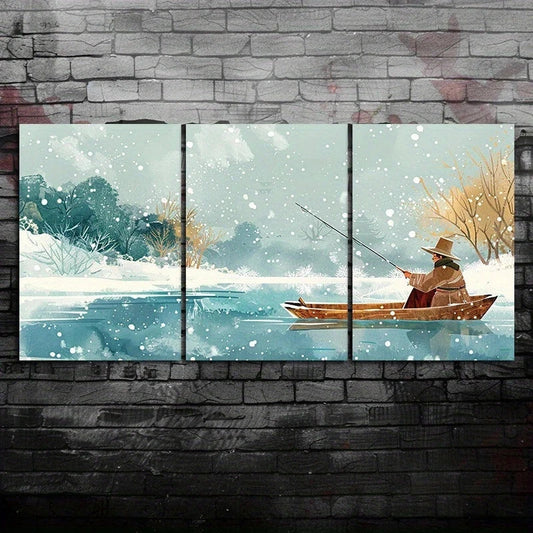 3pcs Modern Abstract Winter Fishing Lake Metal Print Ready to Hang Art