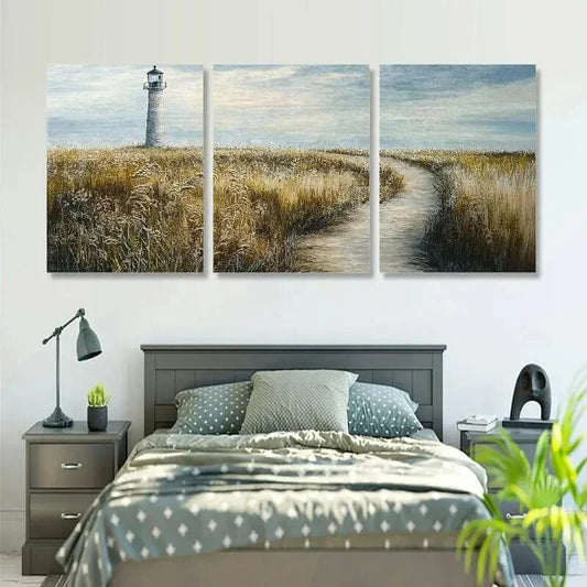 3pcs Serene Coastal Landscape with Golden Grasses Metal Print Ready to Hang Art