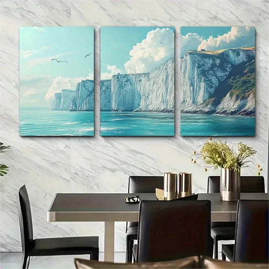3pcs Vibrant English Coastal Scene with Seagulls Metal Print Ready to Hang Art