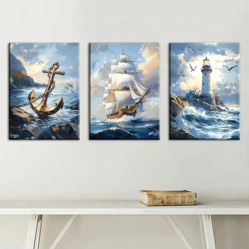 3pcs Abstract Nautical Anchor Sailboat Lighthouse  Metal Print Ready to Hang Art
